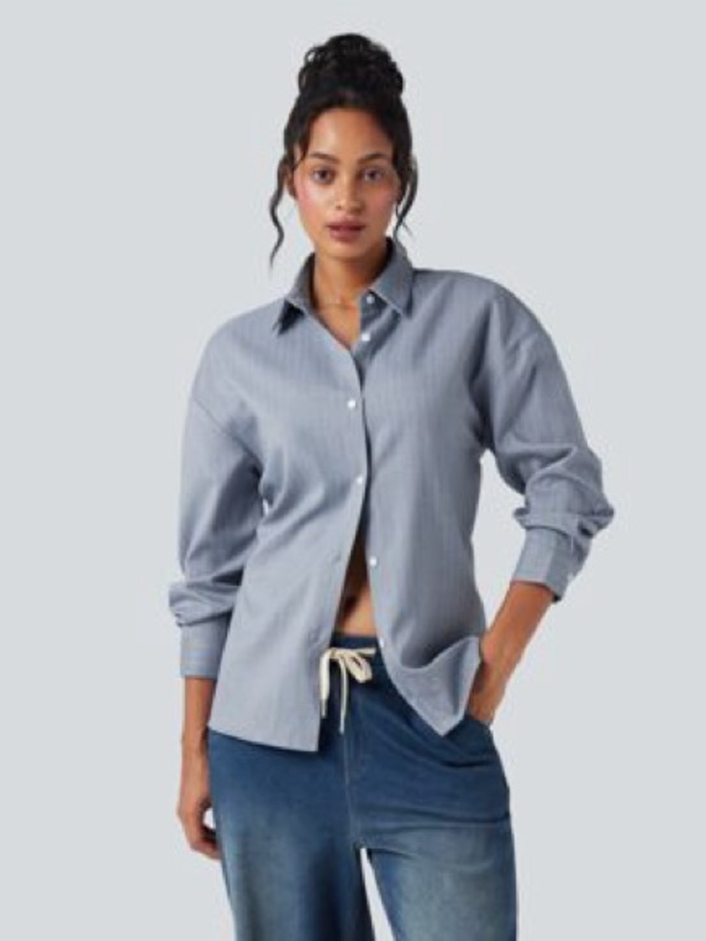 HALARA light gray Striped Relaxed Button-Up Shirt